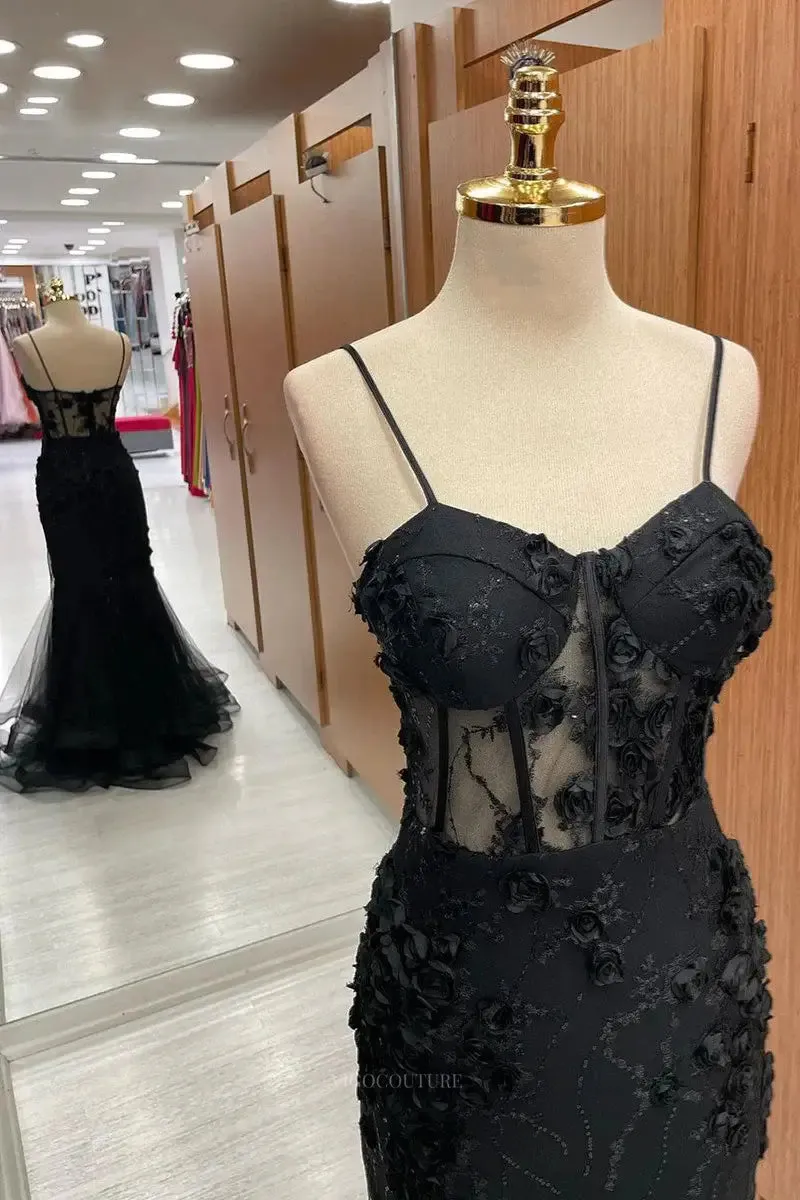 Black Lace Sheath Prom Dresses Spaghetti Strap Sheer Boned Boidce Formal Dress – 25174