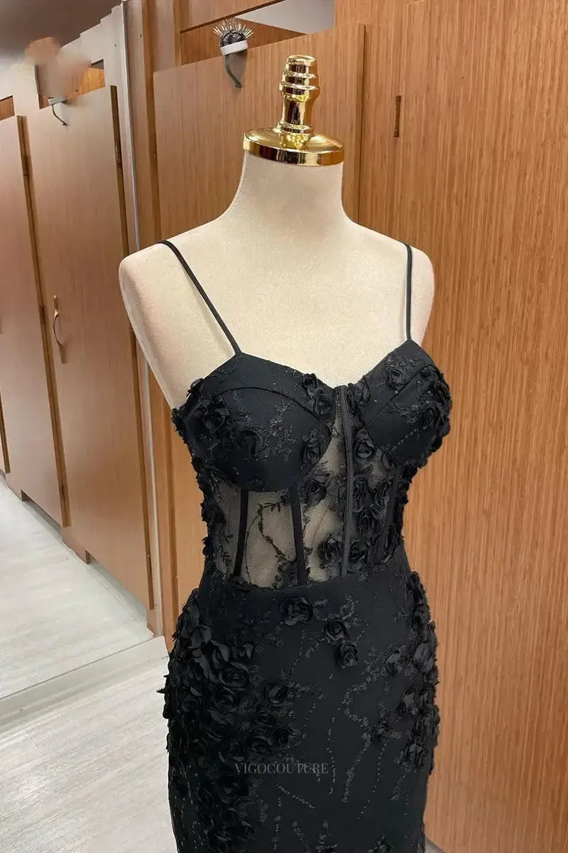 Black Lace Sheath Prom Dresses Spaghetti Strap Sheer Boned Boidce Formal Dress – 25174