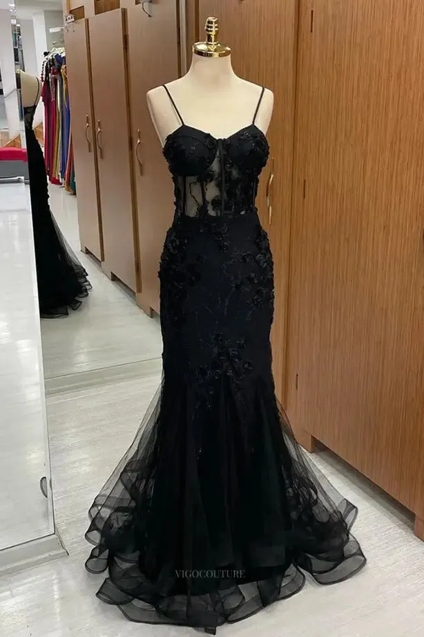 Black Lace Sheath Prom Dresses Spaghetti Strap Sheer Boned Boidce Formal Dress – 25174