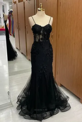 Black Lace Sheath Prom Dresses Spaghetti Strap Sheer Boned Boidce Formal Dress – 25174