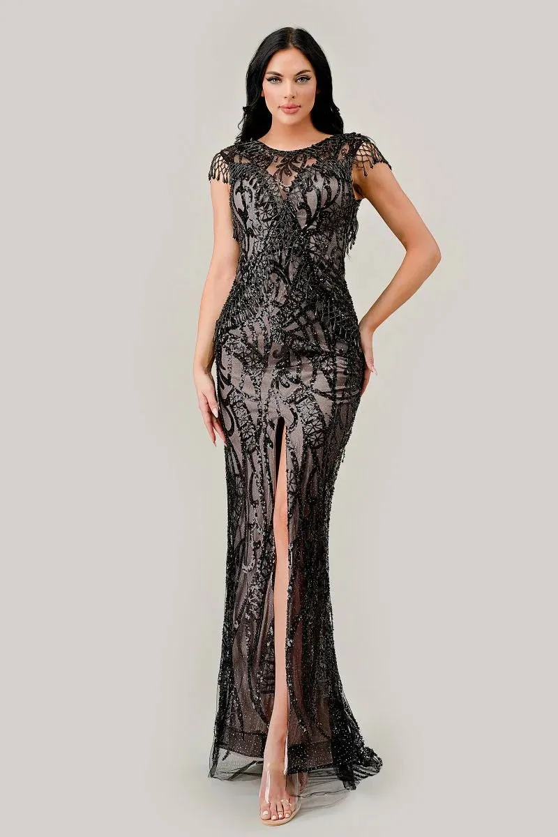 Black-nude sheath sequin gown
