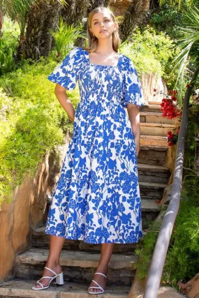 Blue Floral Smocked Puff Print Midi Dress