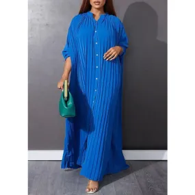 Blue O-Neck Button Vacation Maxi Dresses Long Sleeve VB1037
