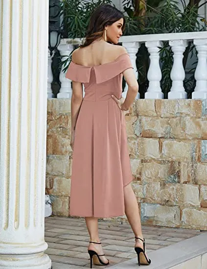 Brick Red Off Shoulder High Low A Line Wedding Guest Party Cocktail Dress - JASAMBAC