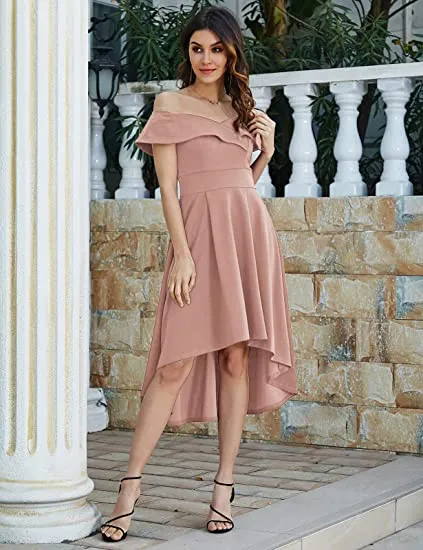 Brick Red Off Shoulder High Low A Line Wedding Guest Party Cocktail Dress - JASAMBAC