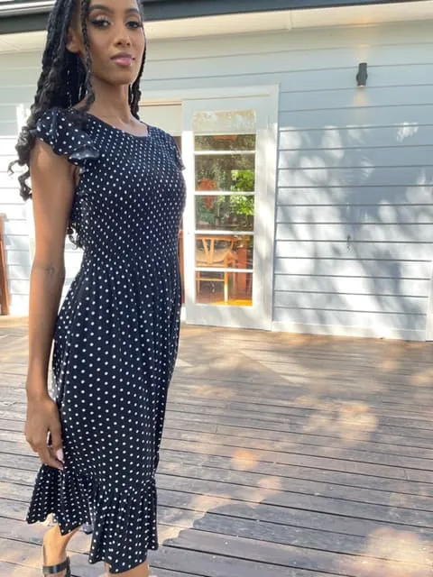 Bridie Black Polka-Dot Midi Dress