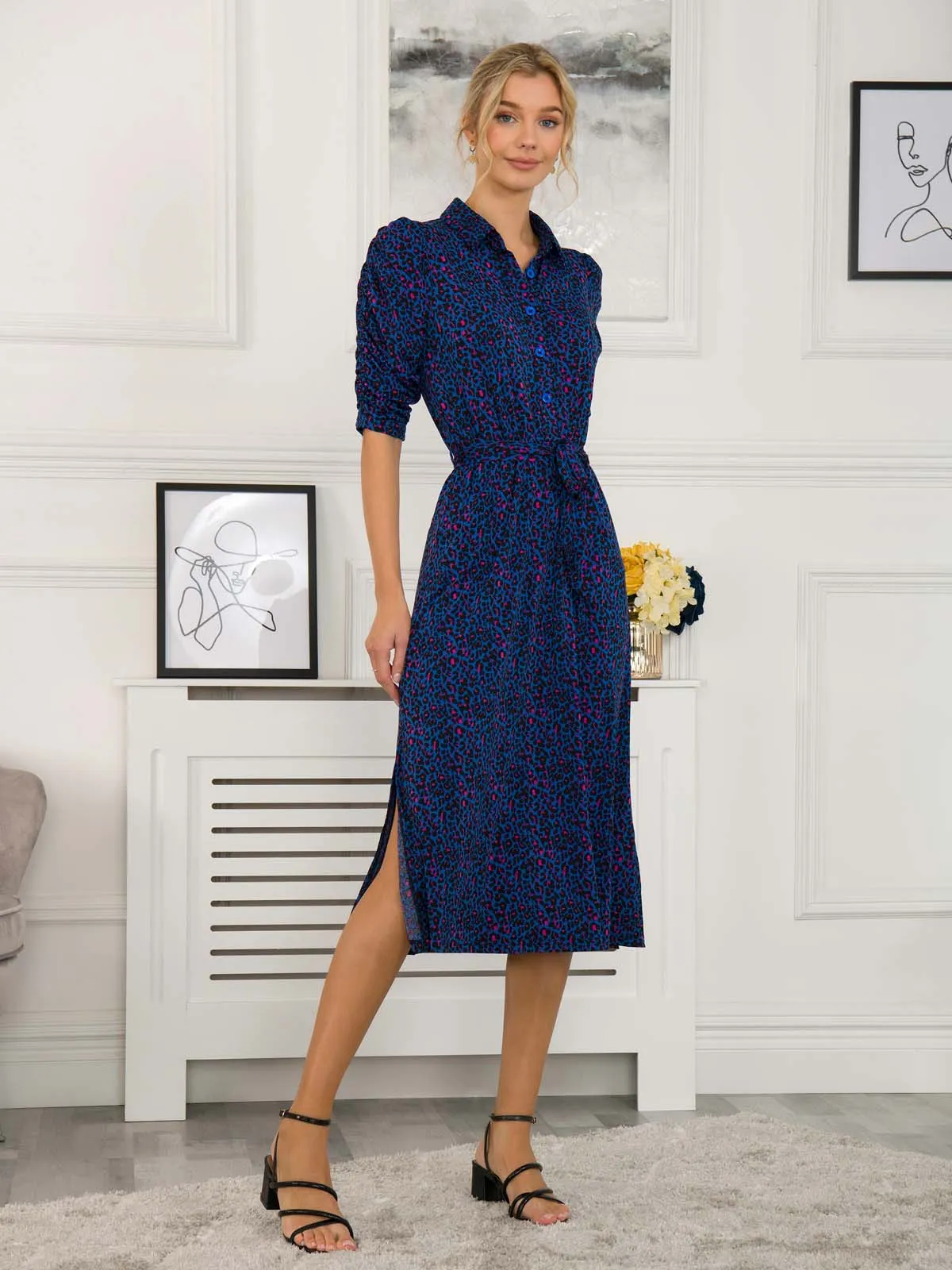 Calla Puff Sleeve Shirt Dress, Blue Animal
