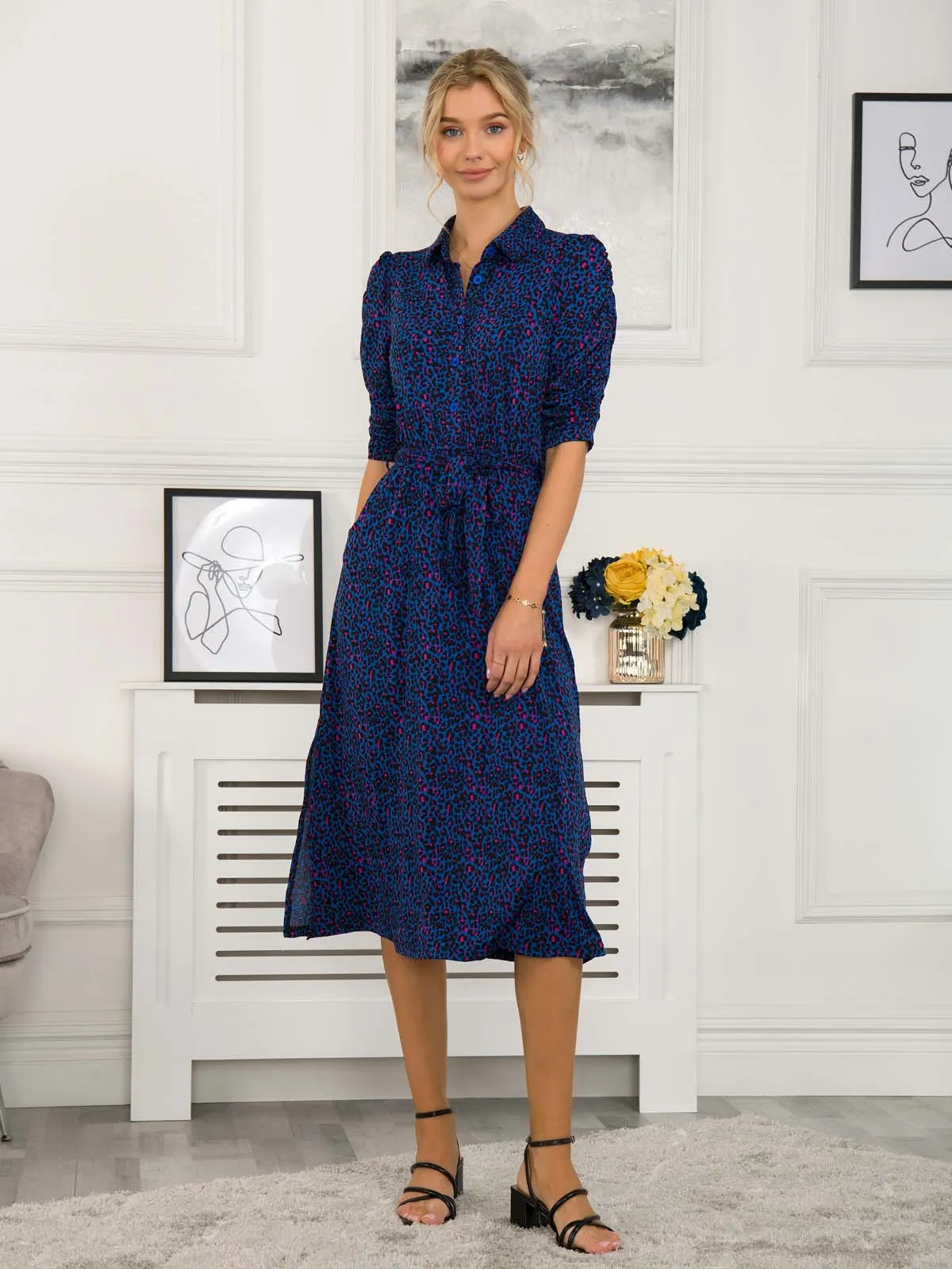 Calla Puff Sleeve Shirt Dress, Blue Animal