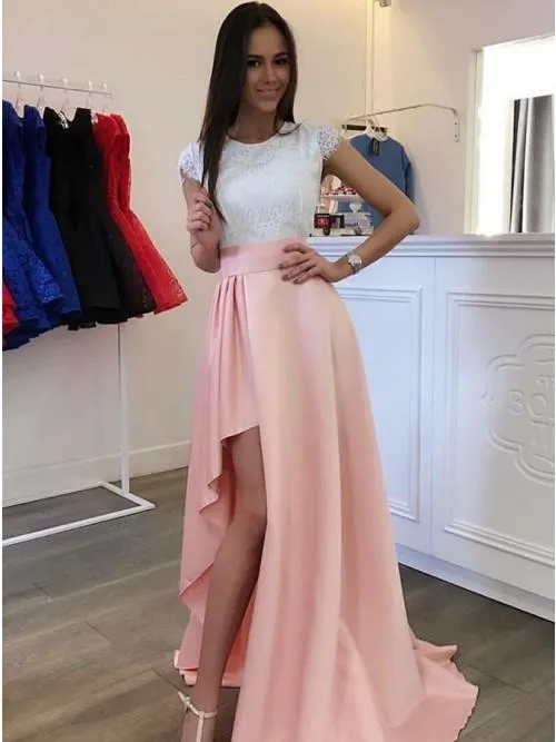 Cap Sleeves Round Neck Lace Bodice Asymmetry Pink Satin Prom Dress MP1090
