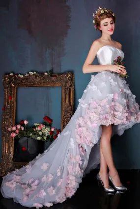 Charming Sweetheart Flowers Strapless Tulle Asymmetry Prom Dresses Wedding Dresses WK259