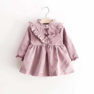 Children's wear 2021 spring new V-neck corduroy girls dresses