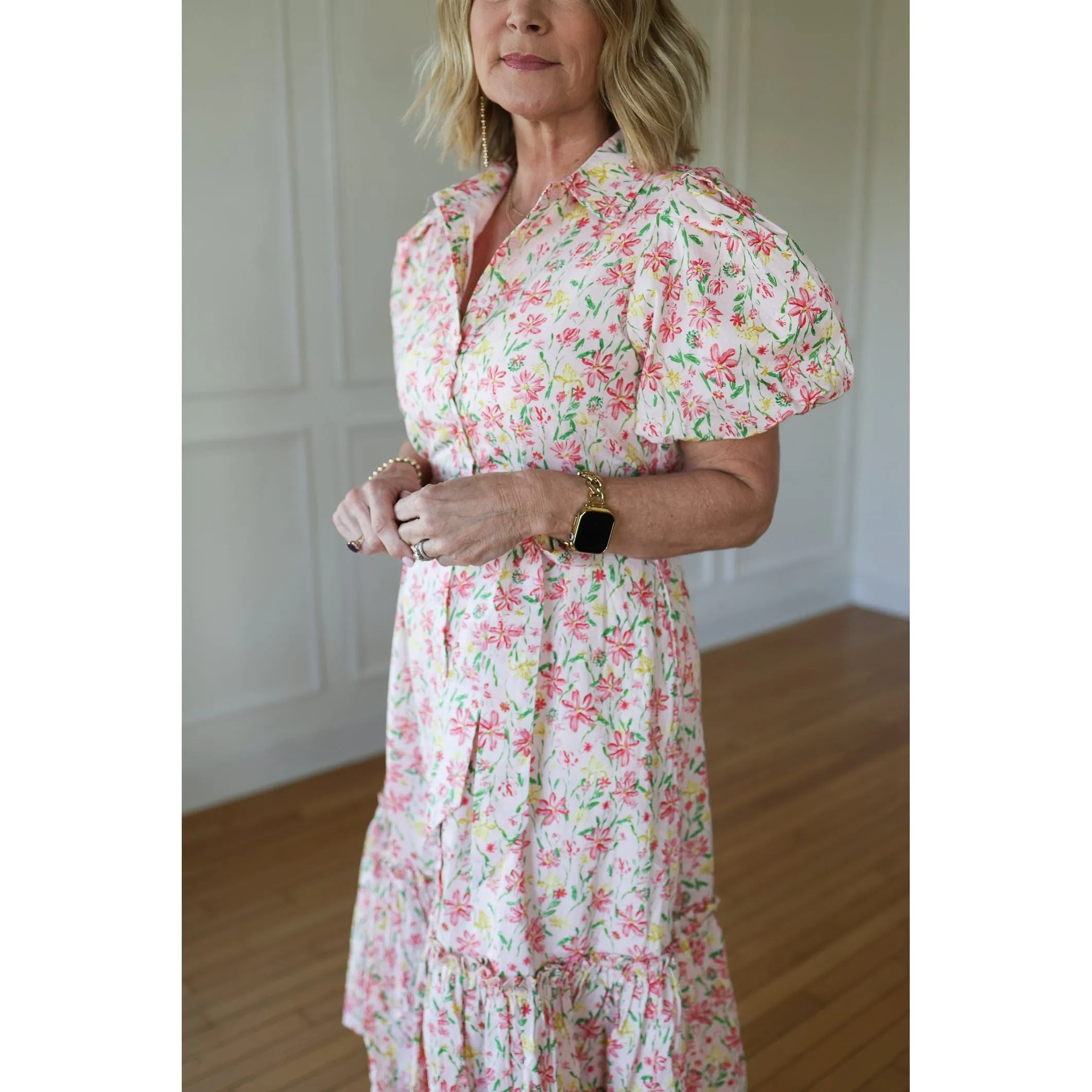 Colette Pink Floral Button Down Dress