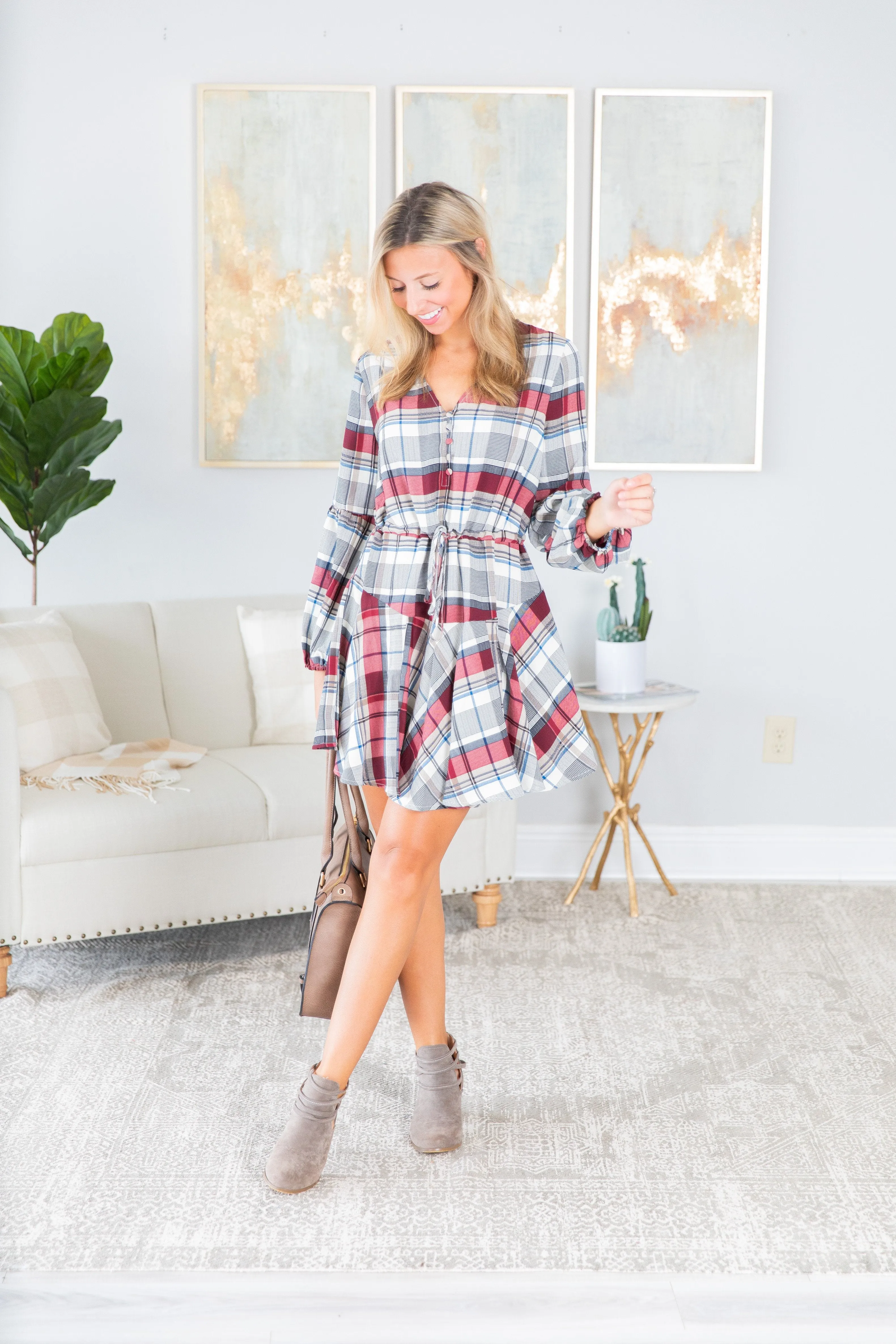 Crisp And Cool Burgundy Red Plaid Dress