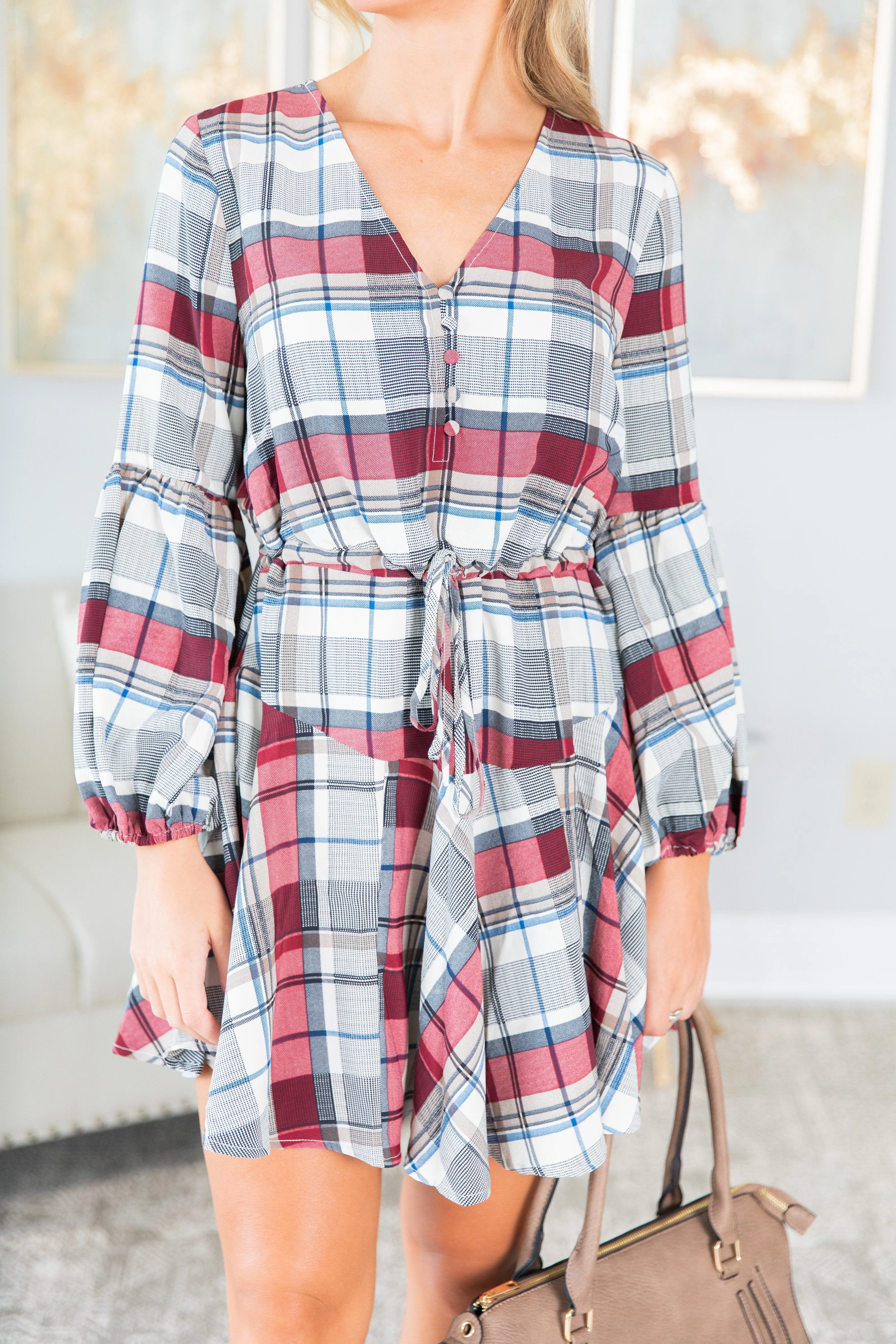 Crisp And Cool Burgundy Red Plaid Dress