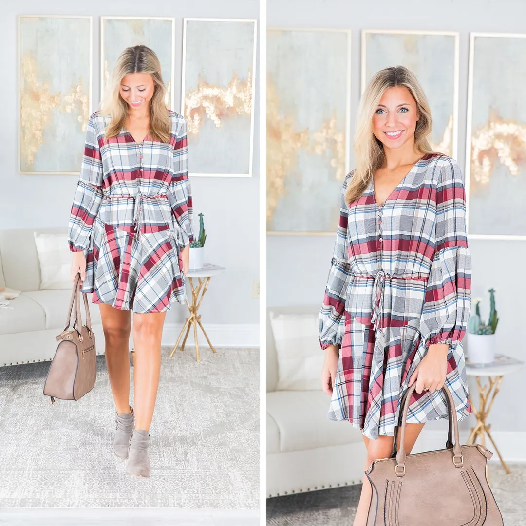 Crisp And Cool Burgundy Red Plaid Dress