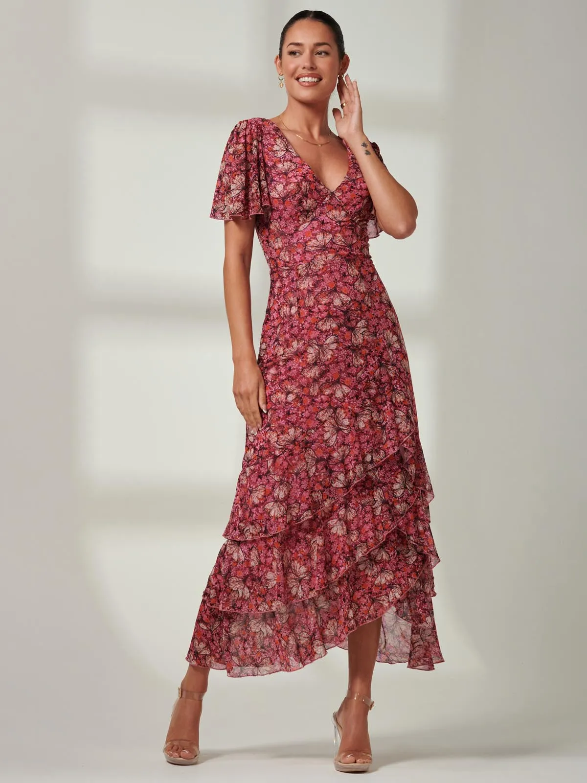 Daleysa Frill Hem Mesh Maxi Dress, Pink Multi
