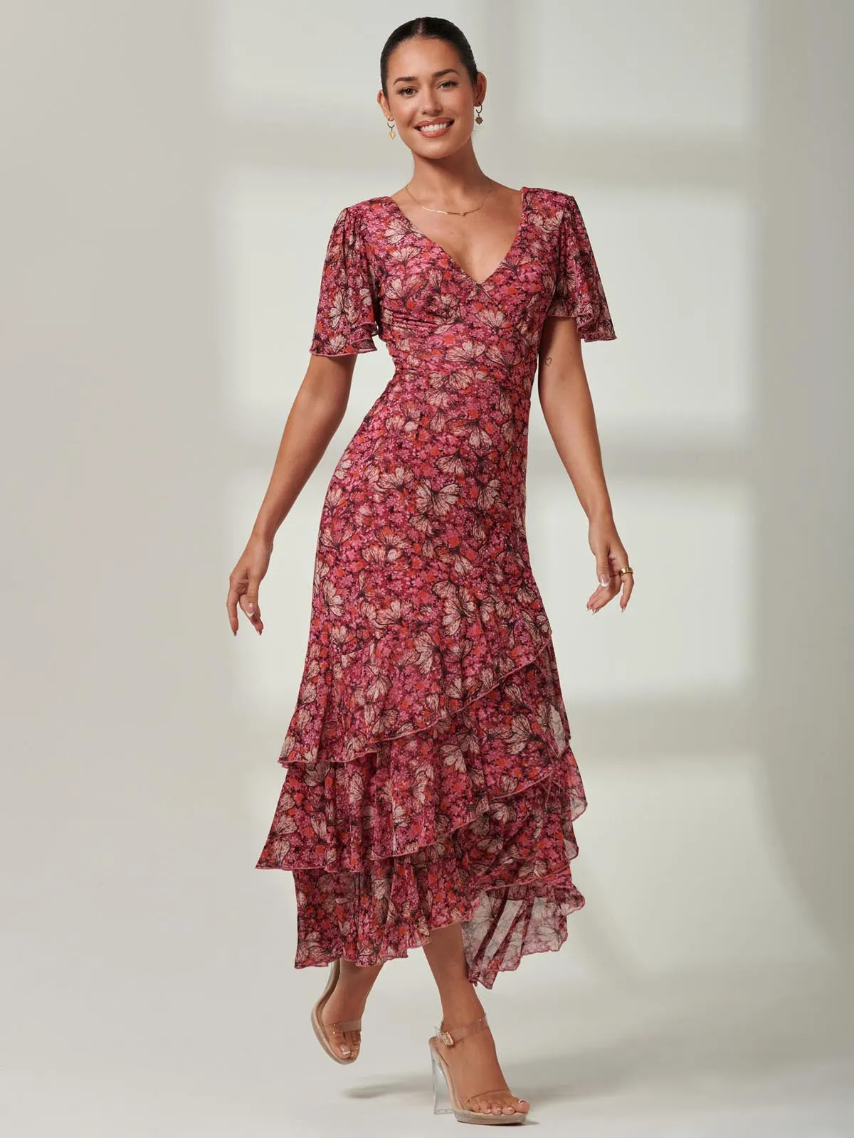 Daleysa Frill Hem Mesh Maxi Dress, Pink Multi