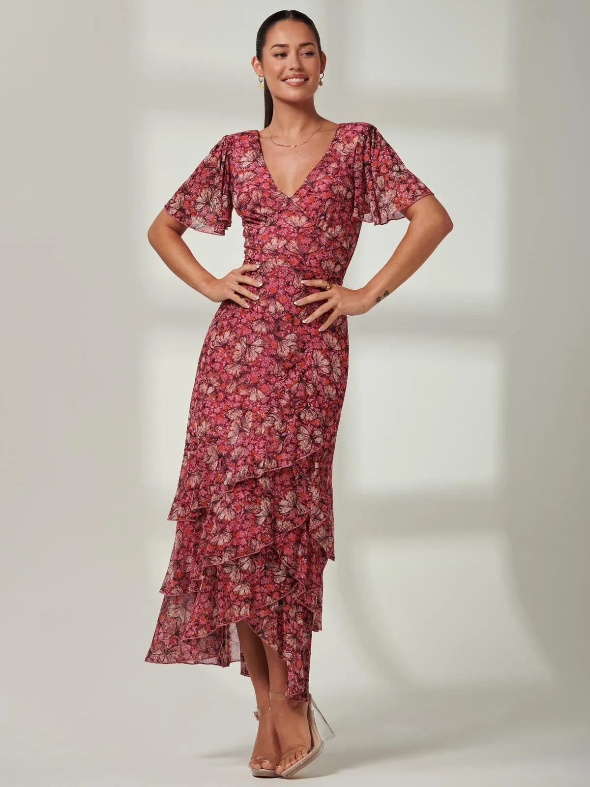 Daleysa Frill Hem Mesh Maxi Dress, Pink Multi