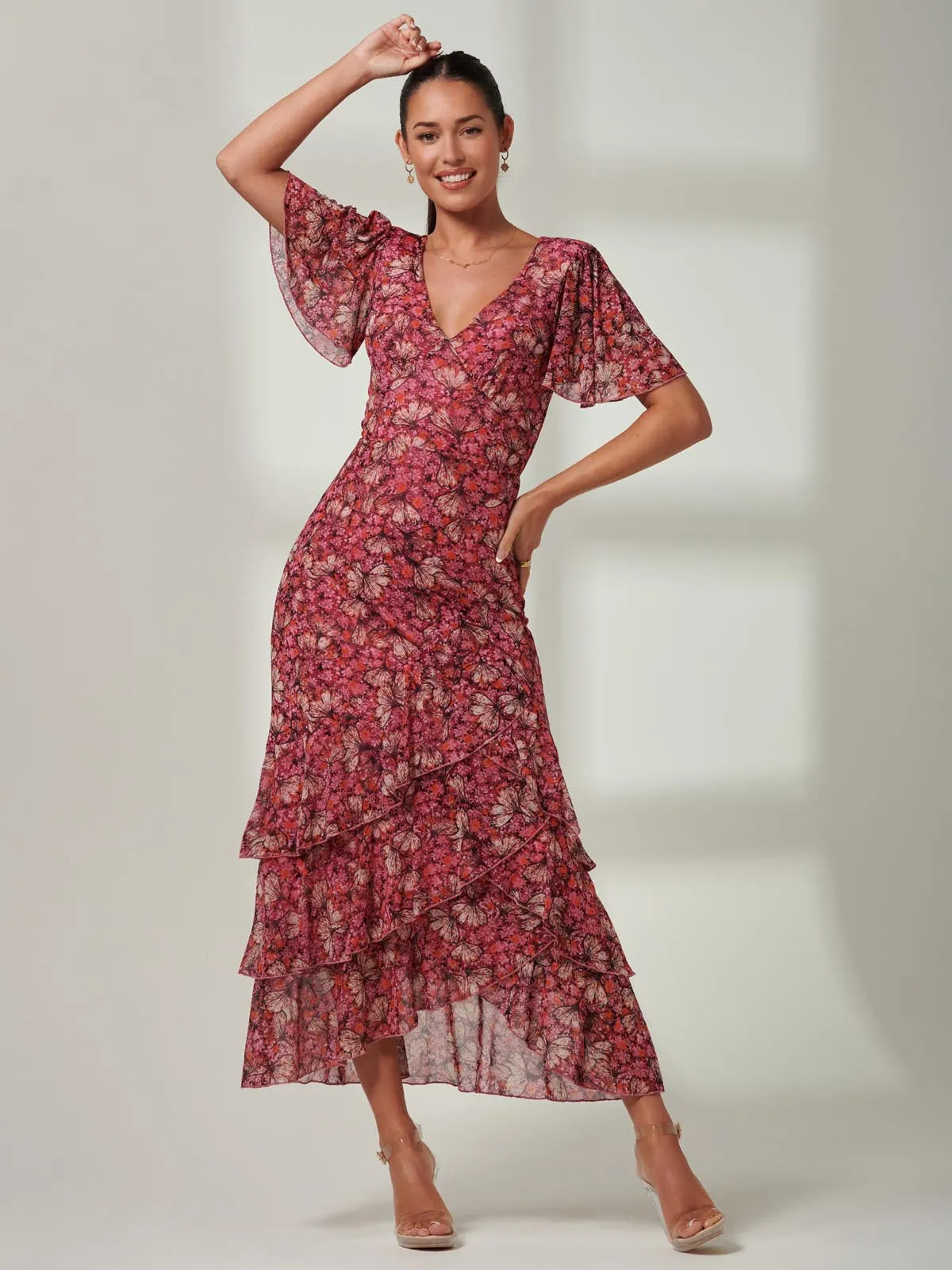 Daleysa Frill Hem Mesh Maxi Dress, Pink Multi