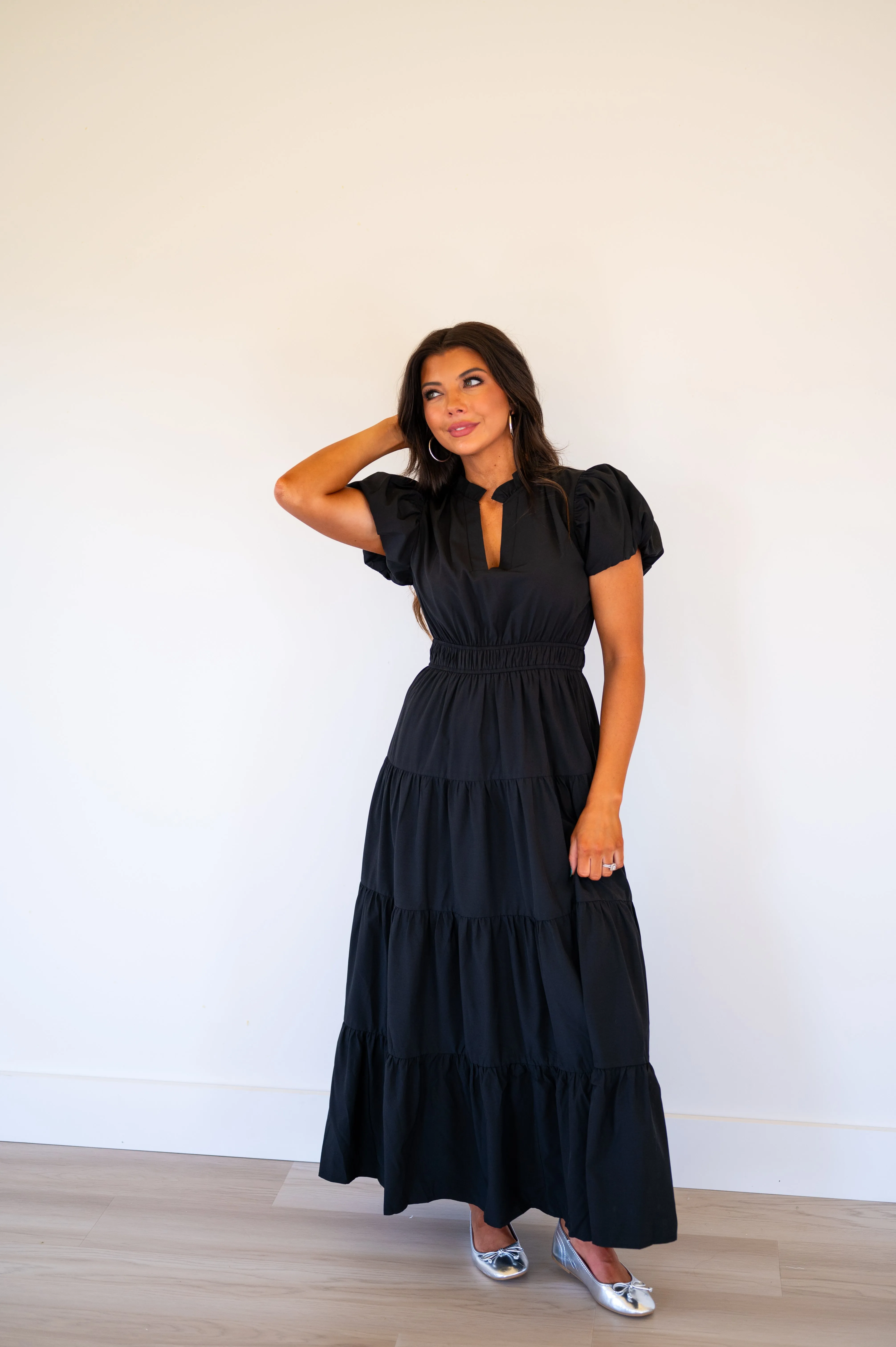 Dana Puff Sleeve Tiered Dress-Black