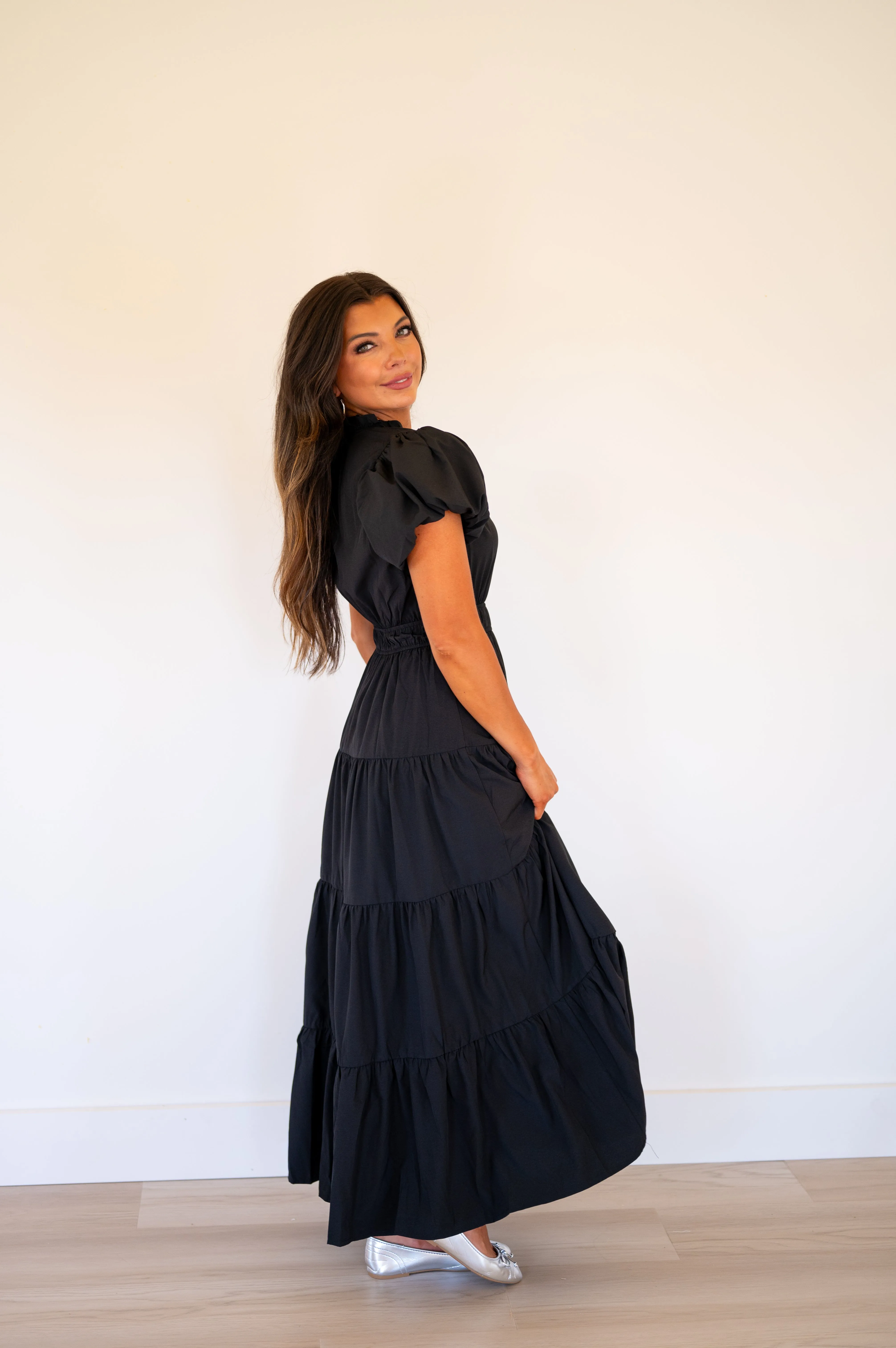 Dana Puff Sleeve Tiered Dress-Black