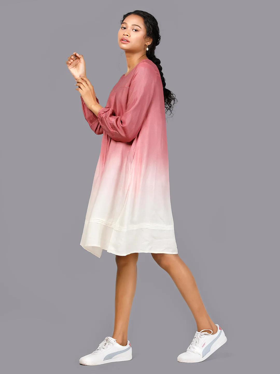 Eco Khadi Cotton Dark Pink Ombre Tunic Dress - Maahi