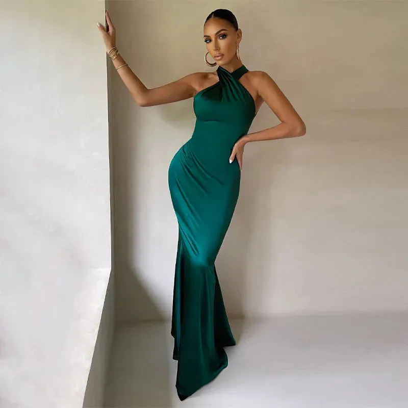 Elegant Bodycon Sleeveless Cross Halter Satin Backless Evening Party Dress