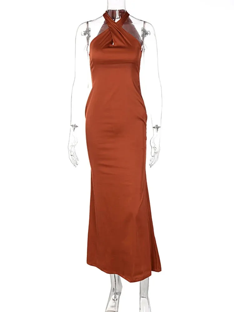 Elegant Bodycon Sleeveless Cross Halter Satin Backless Evening Party Dress