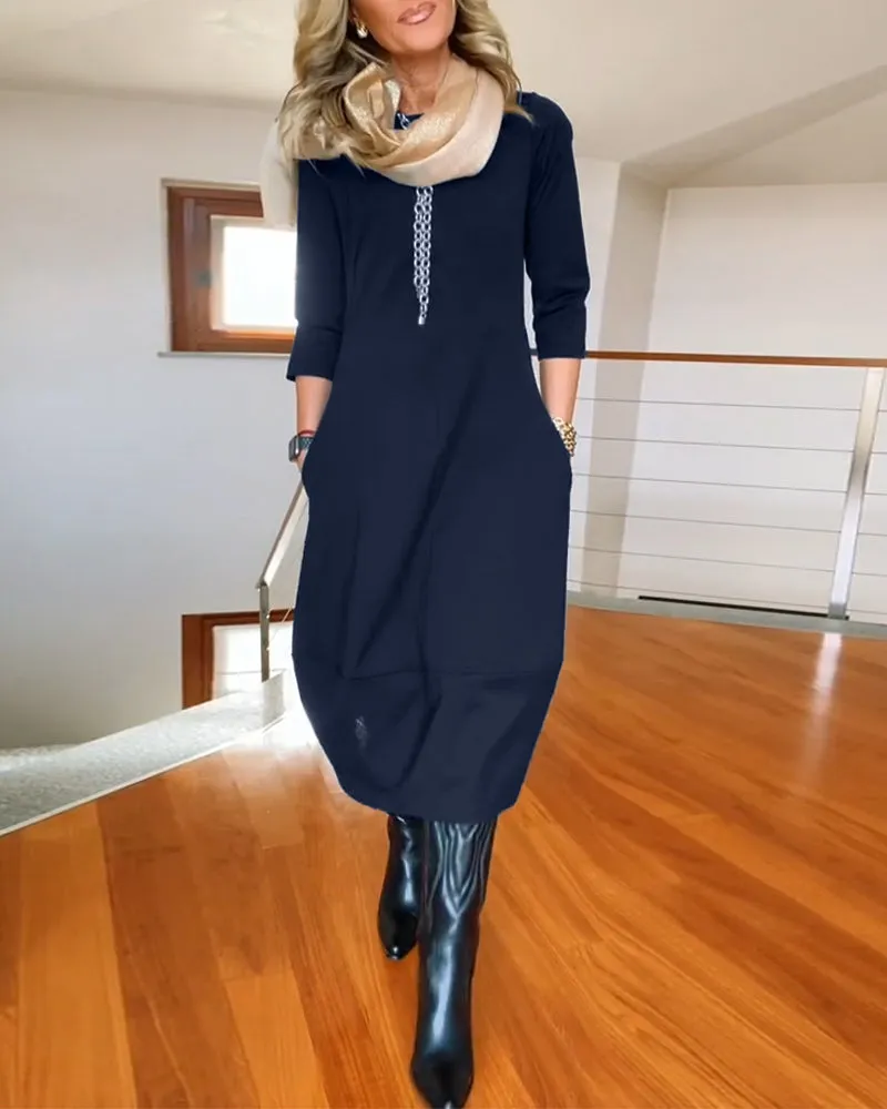 Elegant solid color round neck pocket dress