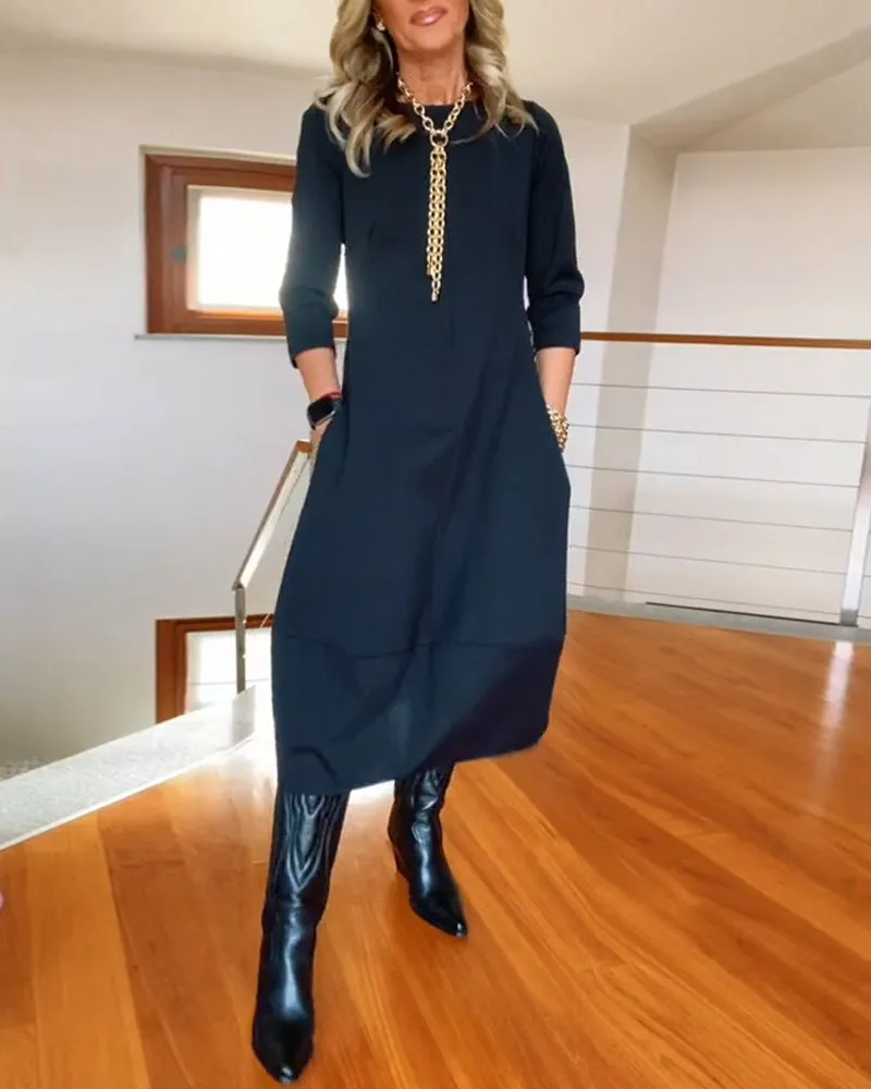 Elegant solid color round neck pocket dress