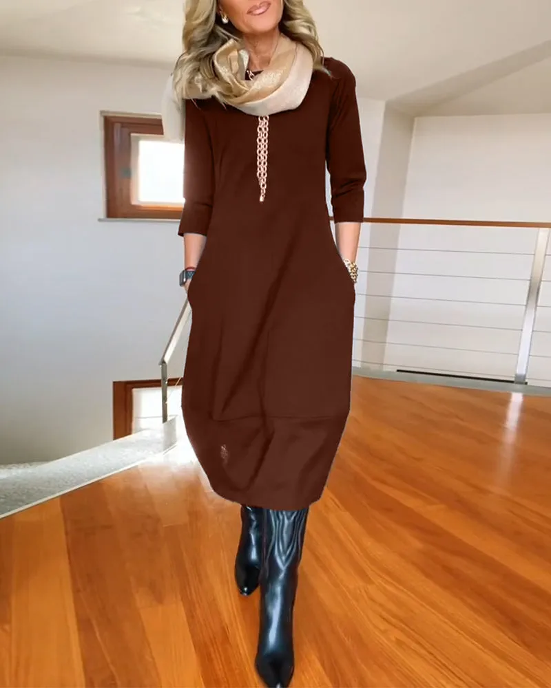Elegant solid color round neck pocket dress