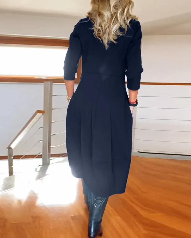 Elegant solid color round neck pocket dress