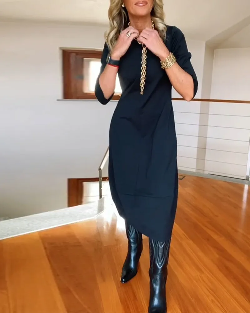 Elegant solid color round neck pocket dress