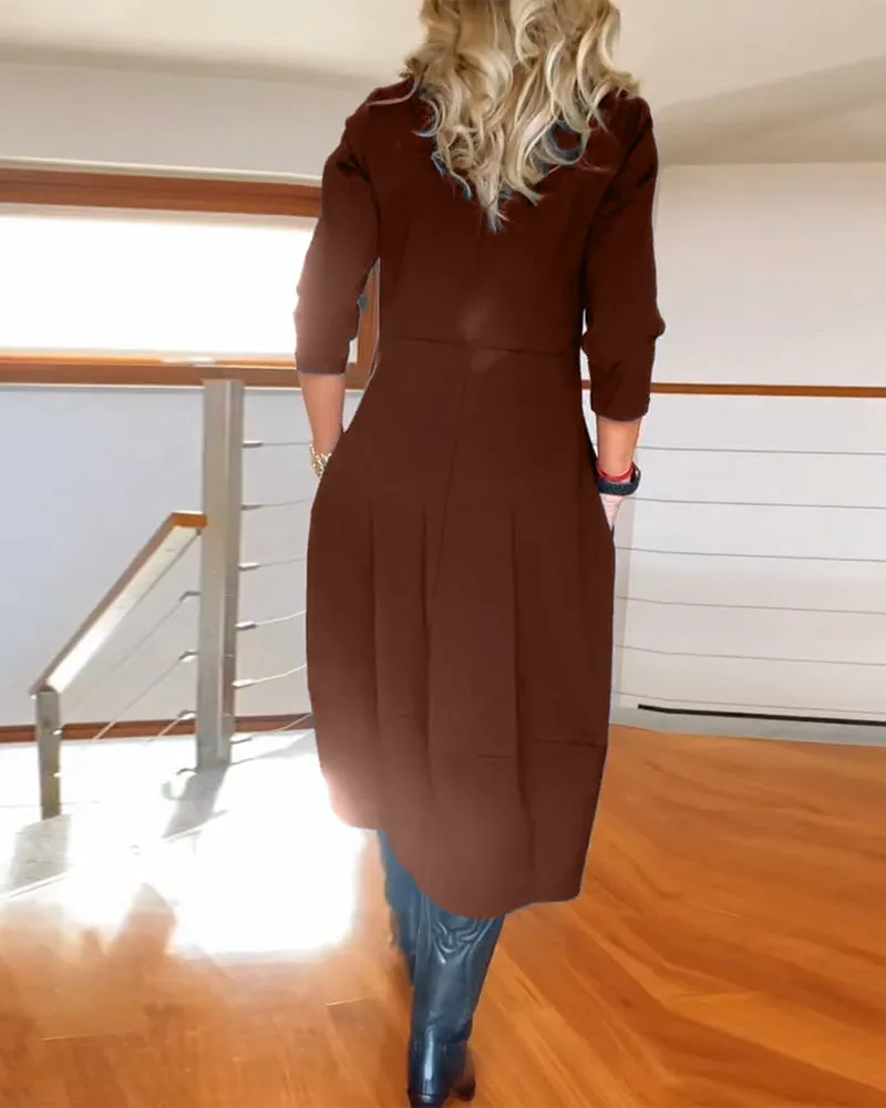 Elegant solid color round neck pocket dress