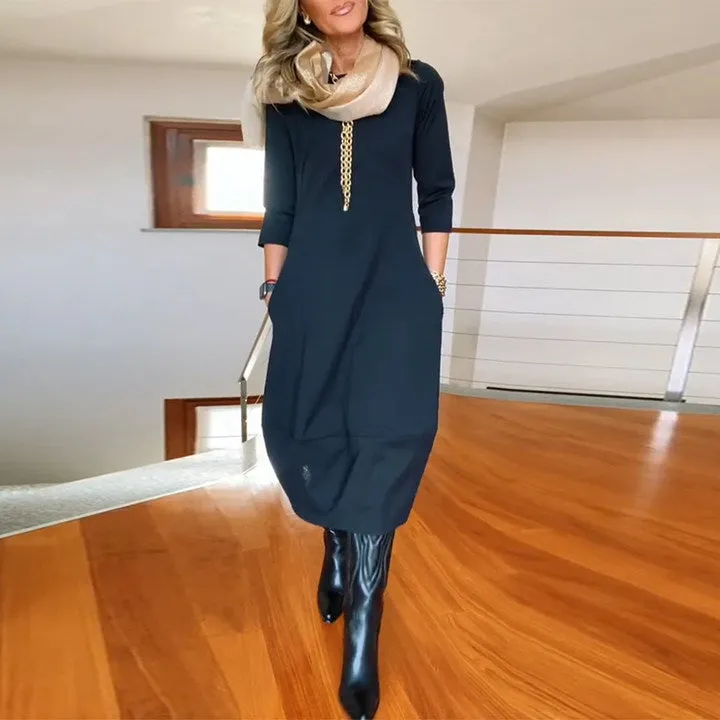 Elegant solid color round neck pocket dress