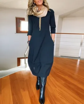 Elegant solid color round neck pocket dress