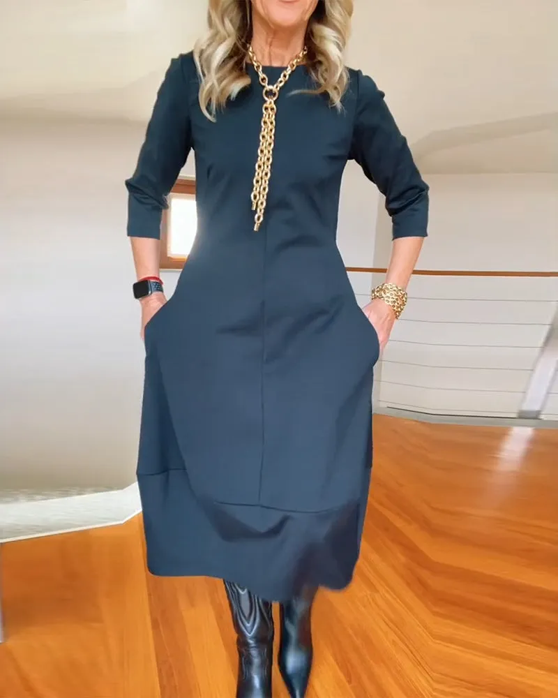 Elegant solid color round neck pocket dress