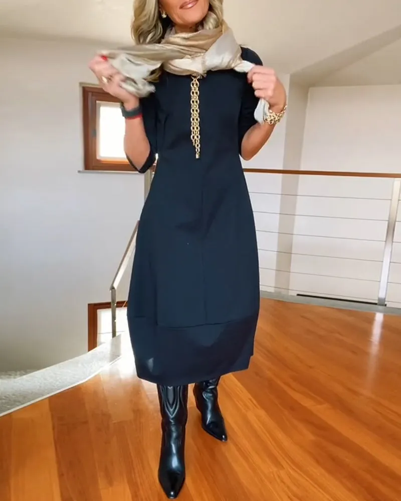 Elegant solid color round neck pocket dress