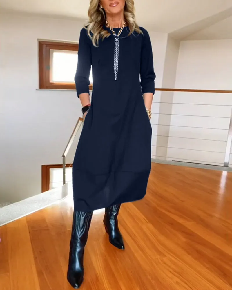 Elegant solid color round neck pocket dress