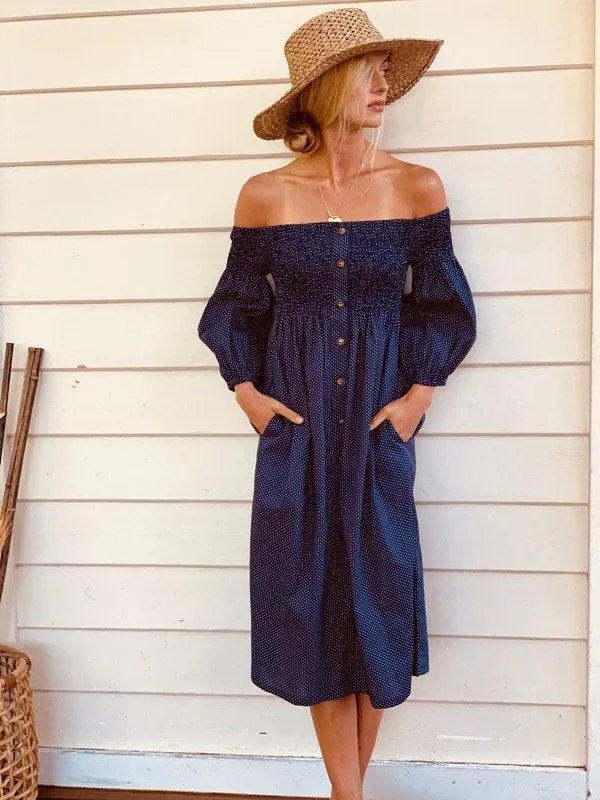 Elly Black Linen Off-Shoulder Dress