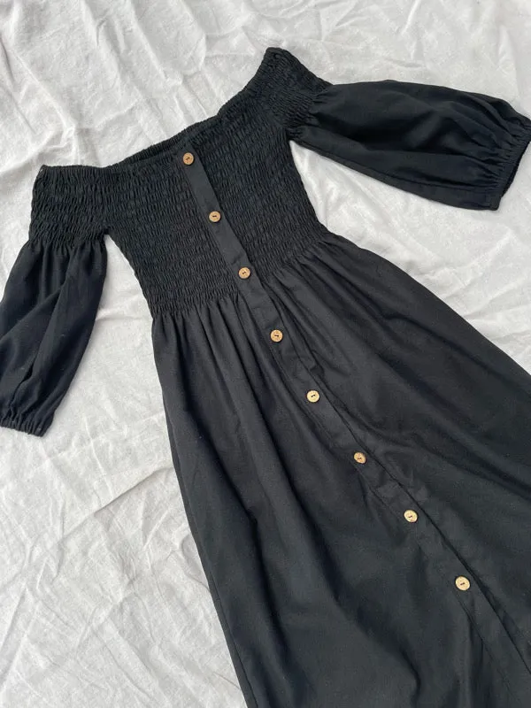 Elly Black Linen Off-Shoulder Dress