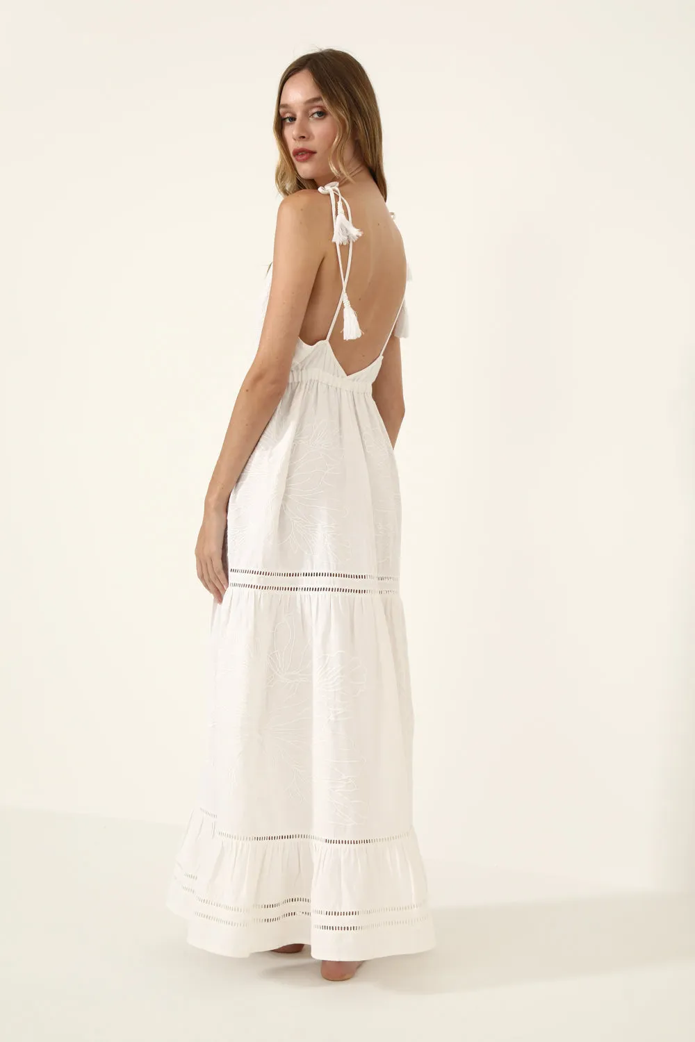 ESTEROS OFF WHITE EMBROIDERED LINEN DRESS