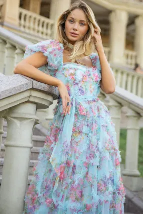 Fairytale Floral Tulle Puff Sleeve Bow Tie Layered Ruffle Maxi Gown Dress - Blue