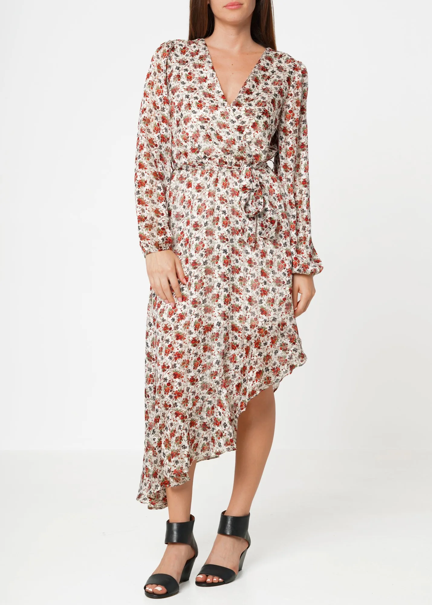 Floral Asymmetrical Ruffle Hem Wrap Dress In Victoria Garden