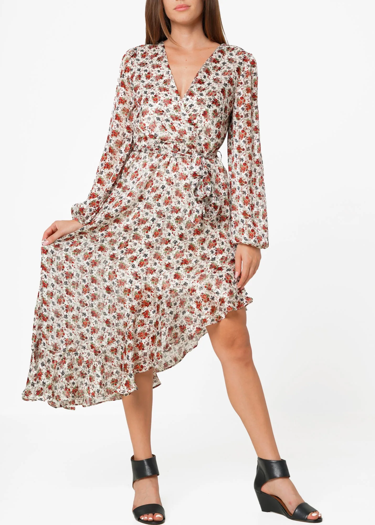 Floral Asymmetrical Ruffle Hem Wrap Dress In Victoria Garden
