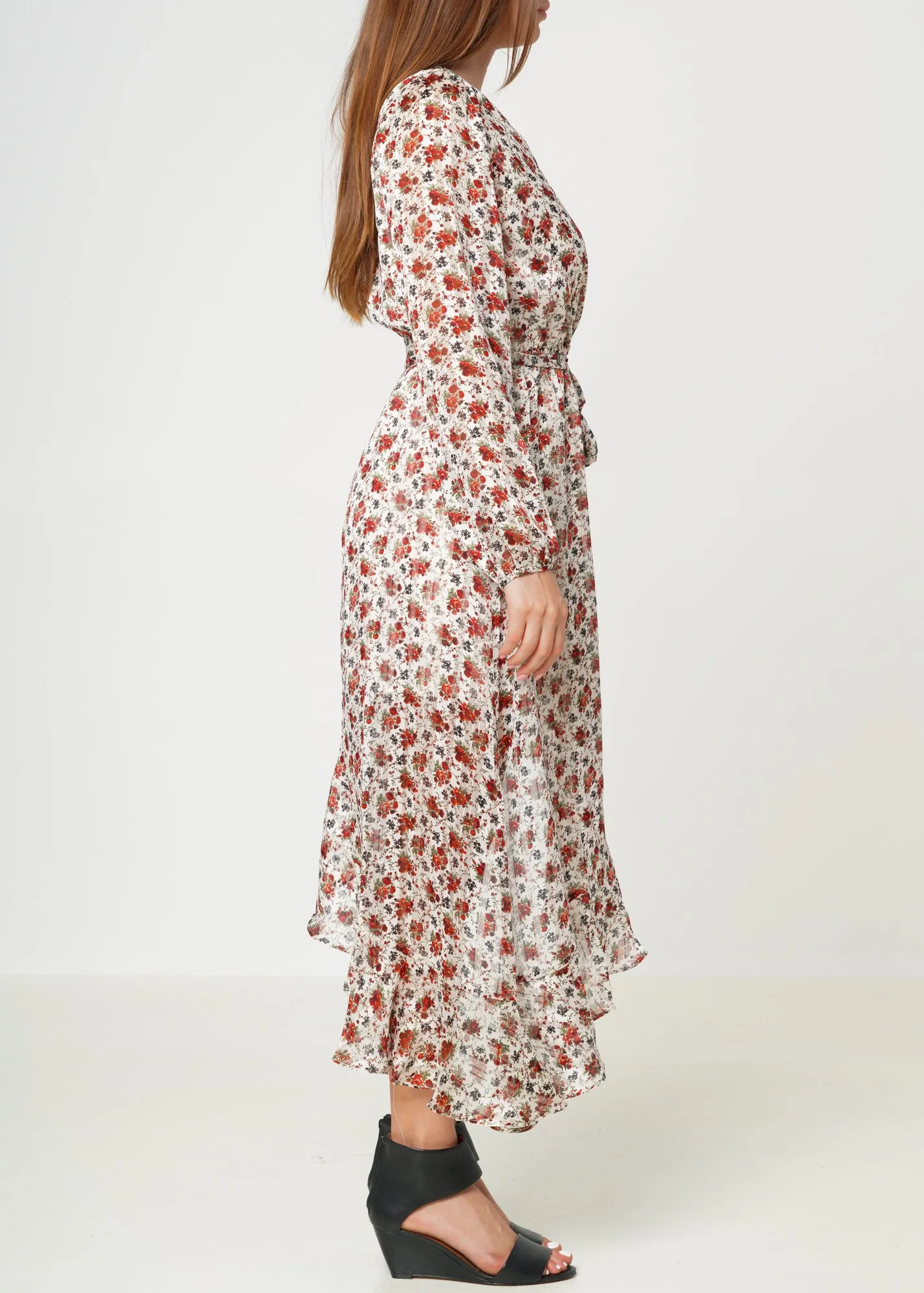 Floral Asymmetrical Ruffle Hem Wrap Dress In Victoria Garden