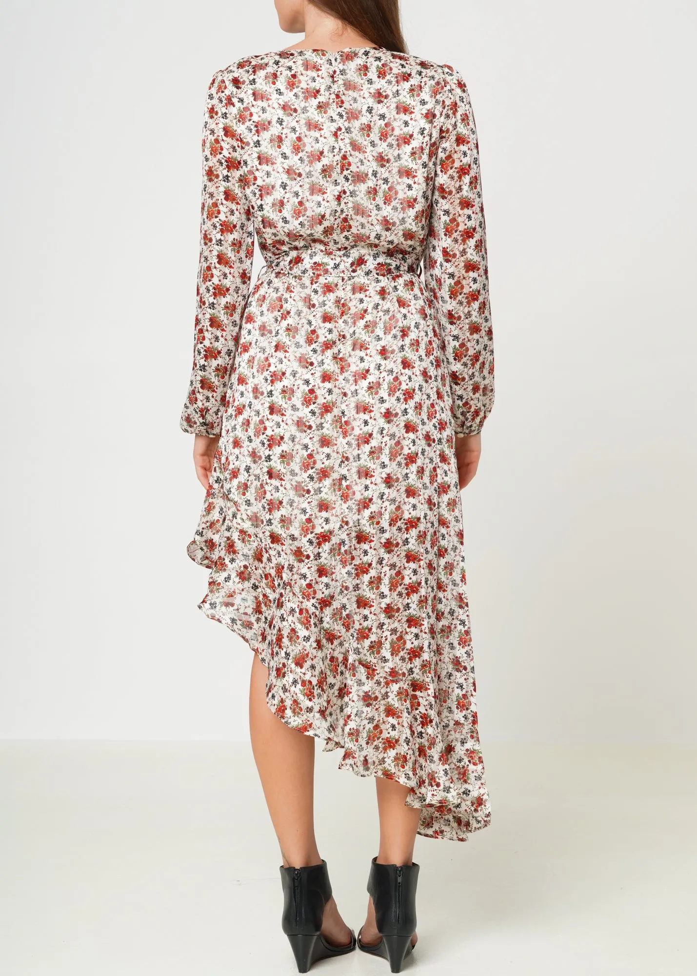 Floral Asymmetrical Ruffle Hem Wrap Dress In Victoria Garden