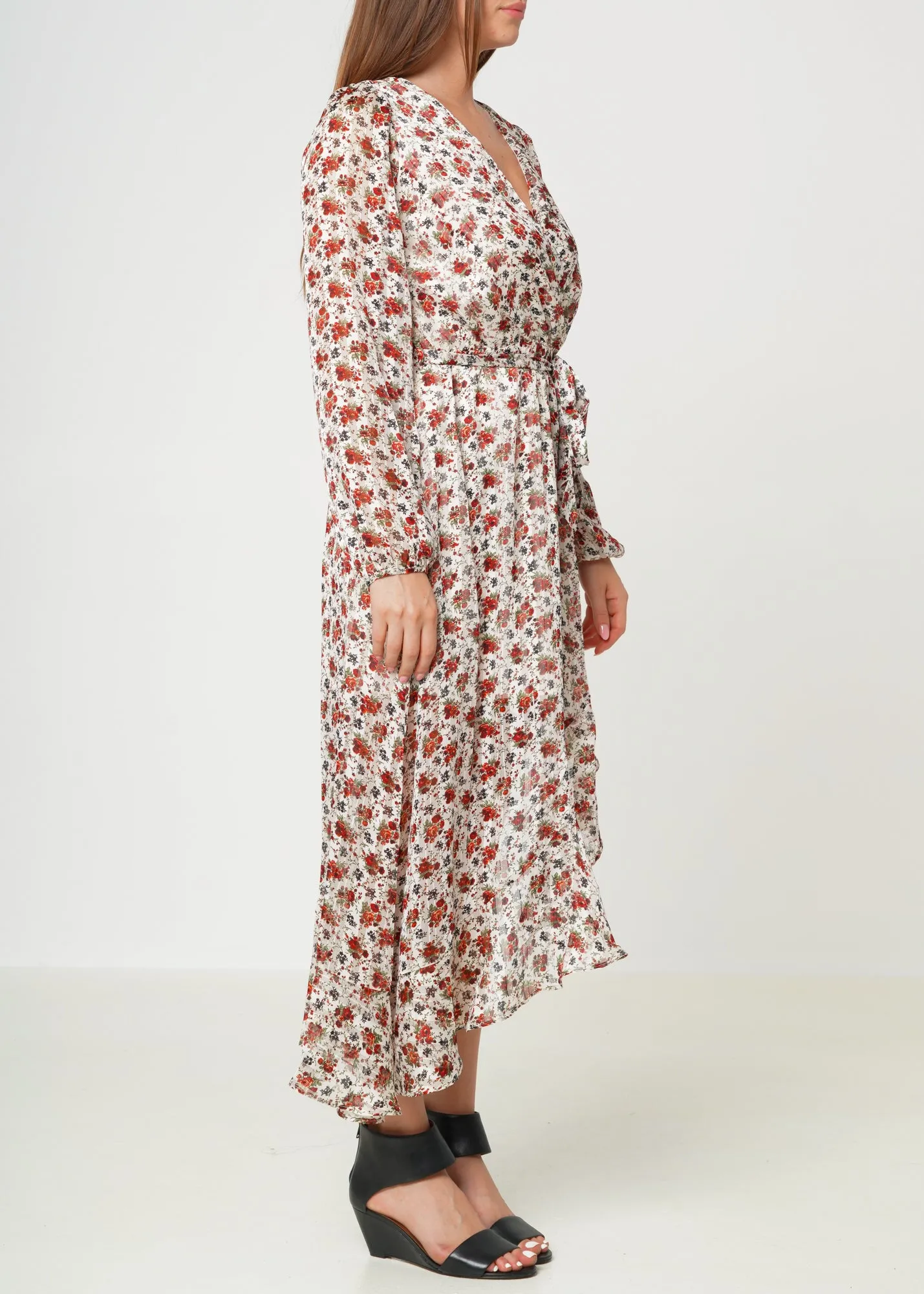 Floral Asymmetrical Ruffle Hem Wrap Dress In Victoria Garden