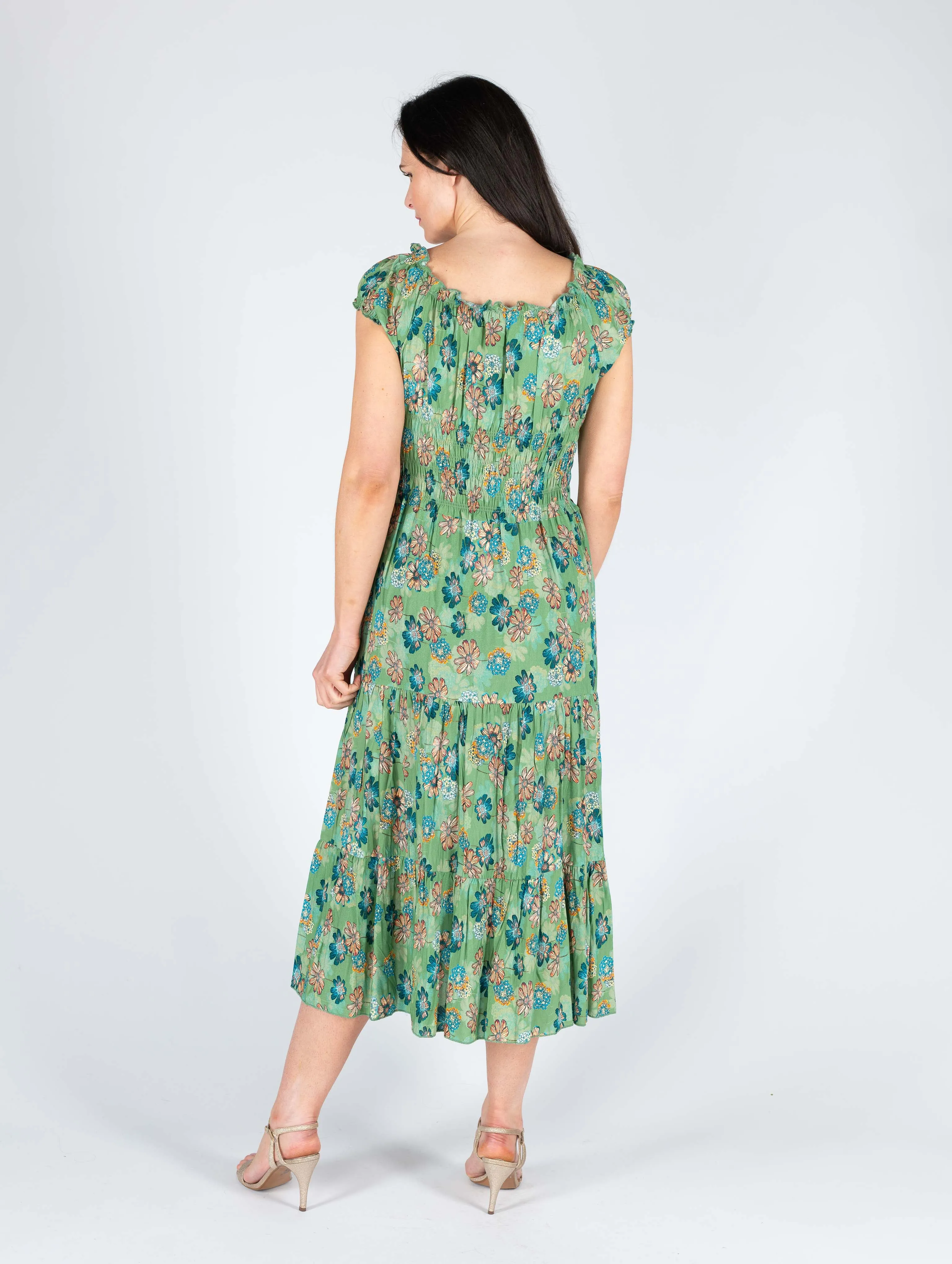 Floral Print Gathered Neck Line - D29820 - Green