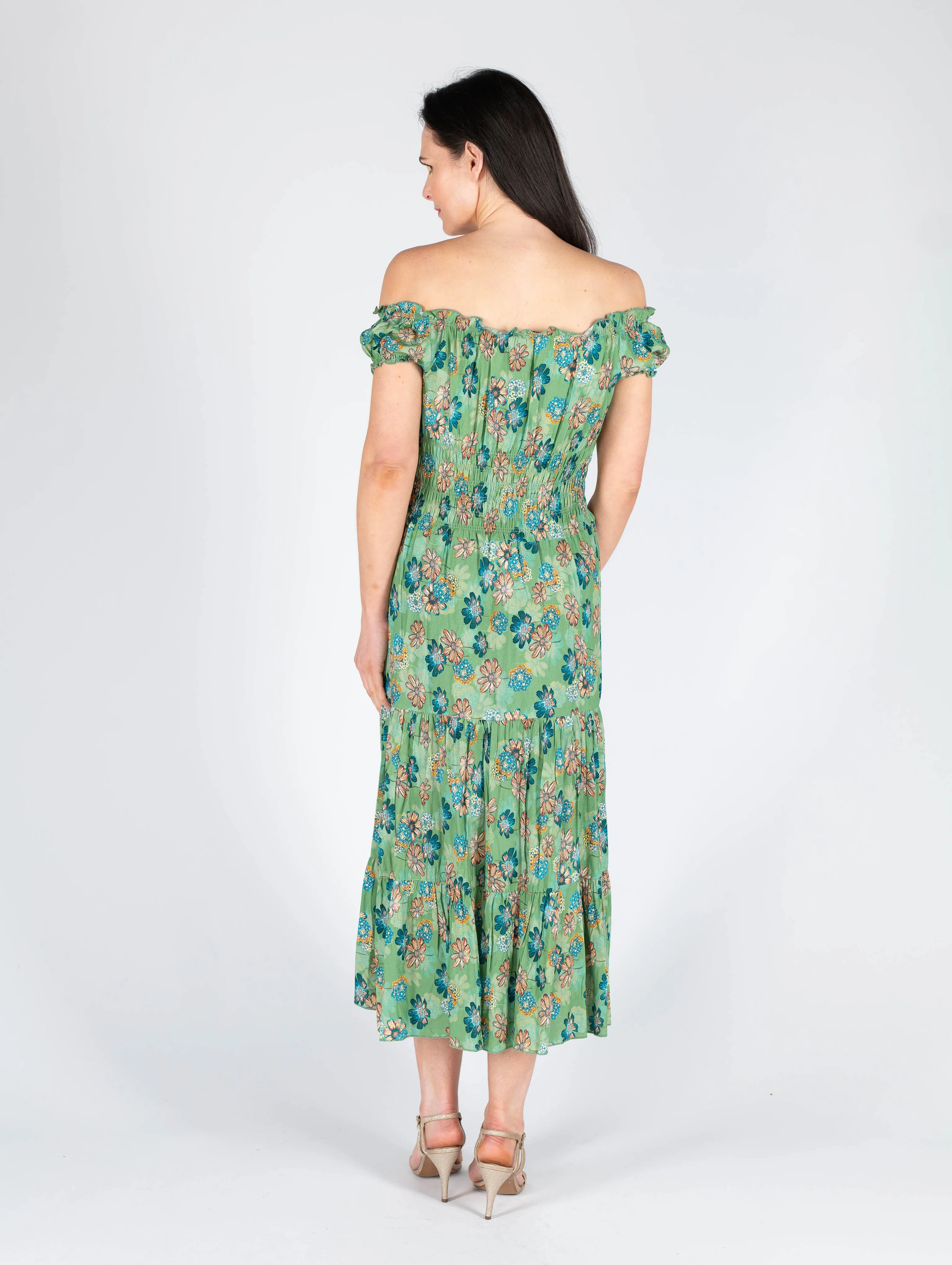 Floral Print Gathered Neck Line - D29820 - Green